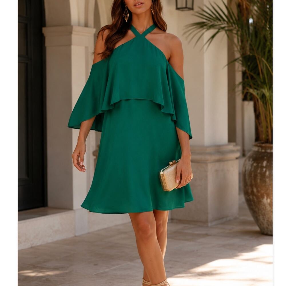 Krisa Emerald Green Halter Dress Cape Ruffle Mini Size L NWT Resort Wear Revolve